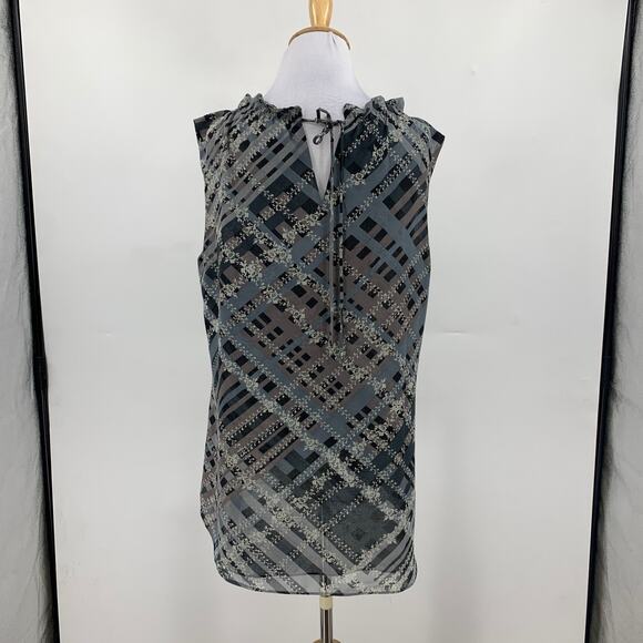 Cabi Top Womens M Medium Plaid Floral Graphic Trellis Ruffled Collar Keyhole Tie - Picture 7 of 13